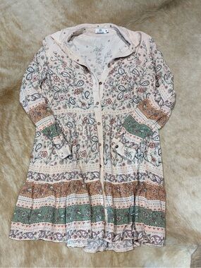 Bohemian Button-Front Floral Tiered Dress - Light Pink & Green